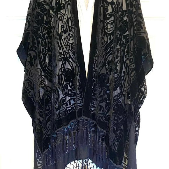 Art Deco Black Velvet Kimono, Semi Sheer, Burn out, Fringed, Cover, Jack… - Picture 1 of 6